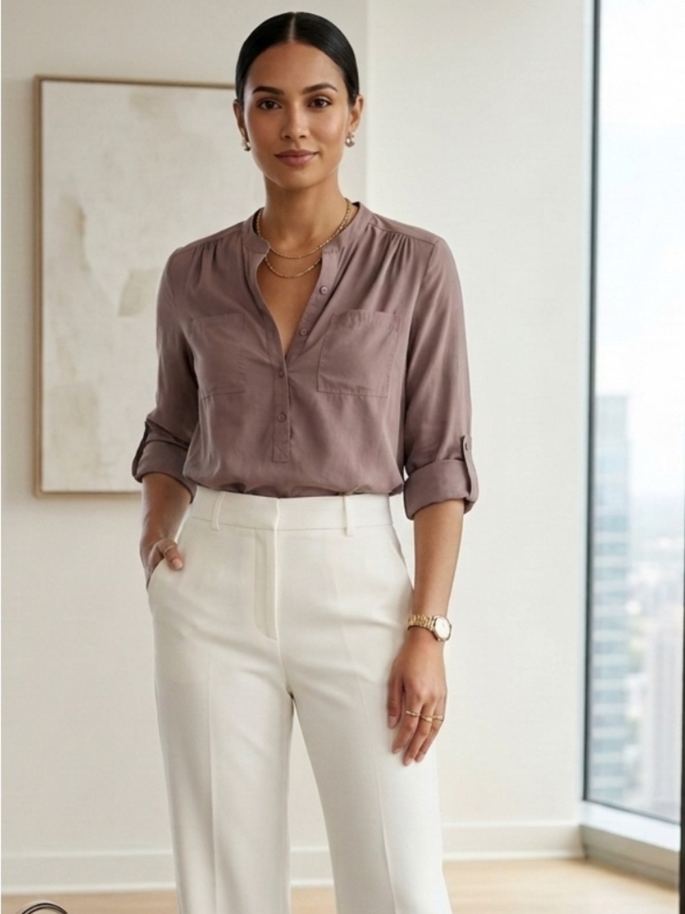 Bebe Silk Military Style Blouse Lilac Purple Roll Up Button Sleeves